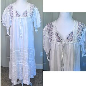 White Boho Prairie Floral Embroidered Crochet Lace Dress Puff Tie Sleeves PTP 18